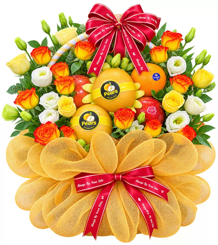 Giỏ trái cây hoa vàng cam, lưới vàng và nơ đỏ