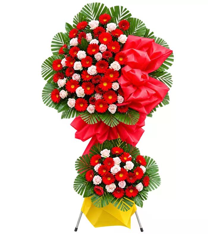 Kệ khai trương hồng đỏ trắng hai tầng