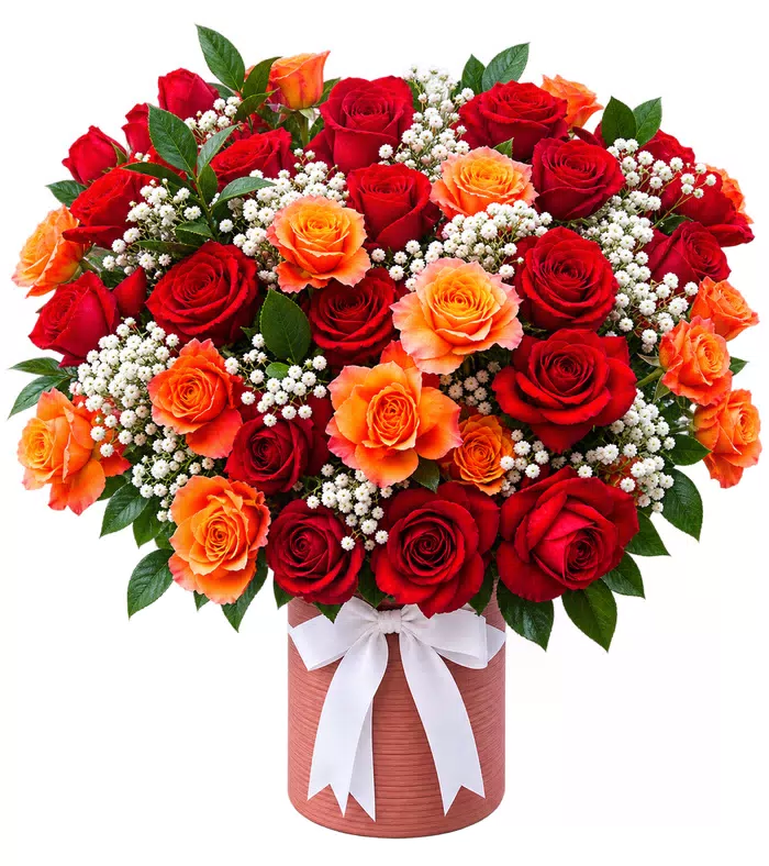 Giỏ hồng đỏ cam, nơ trắng