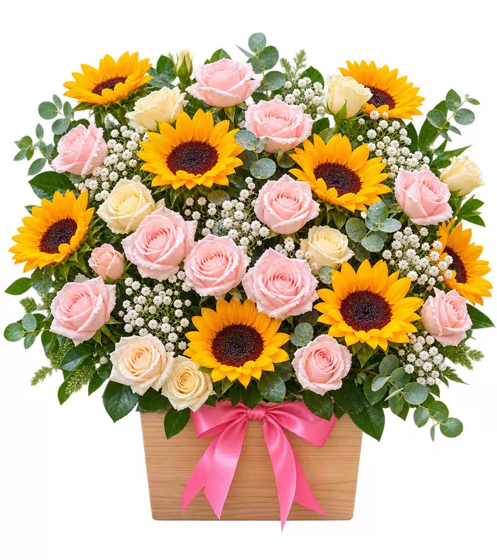 Giỏ hoa hướng dương phối hồng phấn, nơ hồng