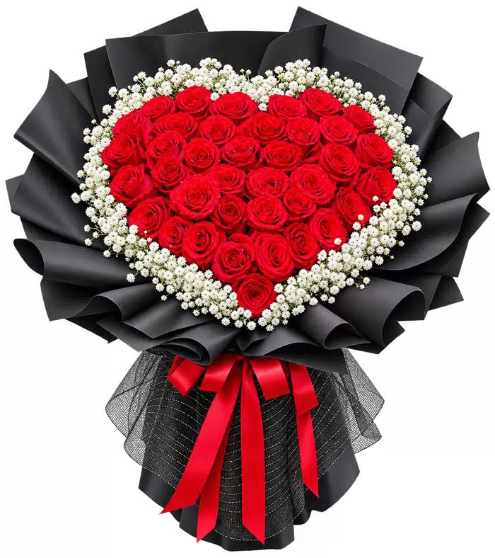 Bó hồng trái tim, giấy đen, giấy đen và nơ đỏ dài