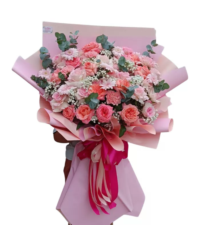 Bó hồng phối đồng tiền hồng, giấy hồng