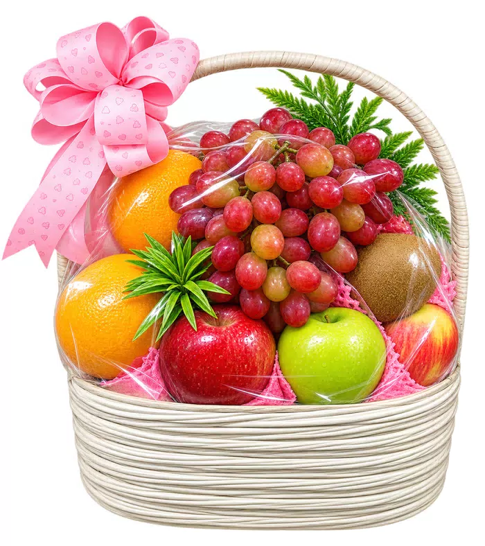 Giỏ trái cây nho đỏ, giỏ trắng có quai và nơ hồng