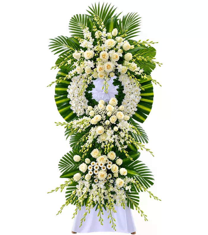 Kệ hoa viếng hồng trắng, hoa rủ và vải trắng