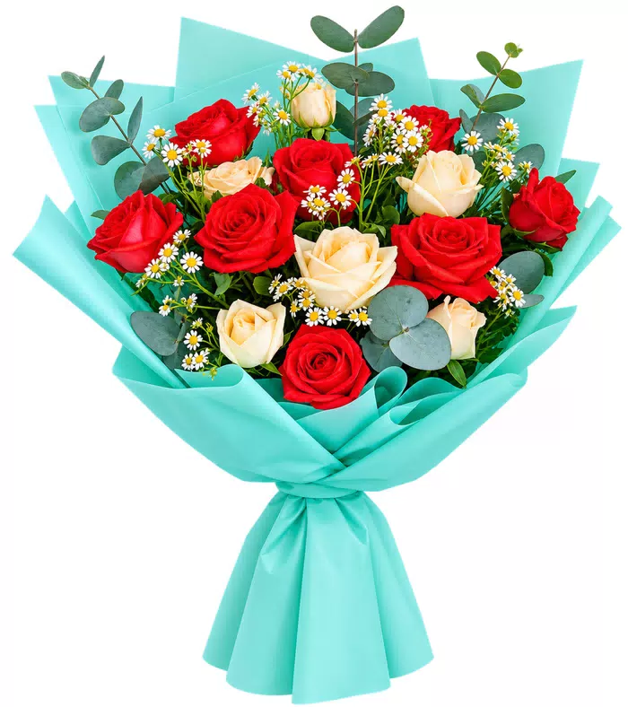 Bó hồng đỏ kem, giấy xanh