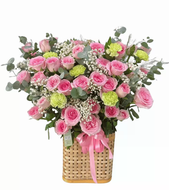Giỏ hồng phấn phối cẩm chướng hồng xanh