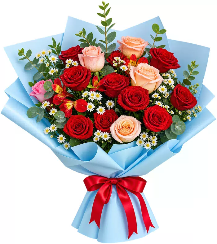 Bó hồng đỏ cam gói xanh