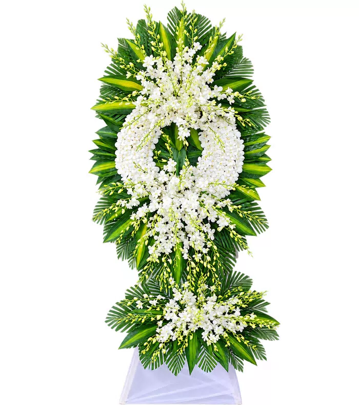 Kệ hoa viếng trắng xanh, lá xanh và nơ trắng