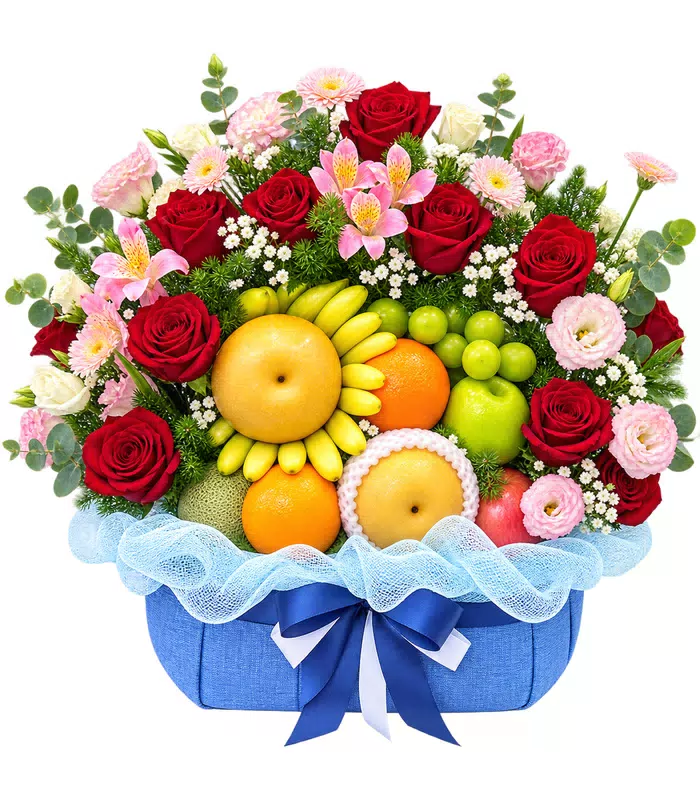 Giỏ trái cây hoa hồng đỏ, lưới và nơ xanh