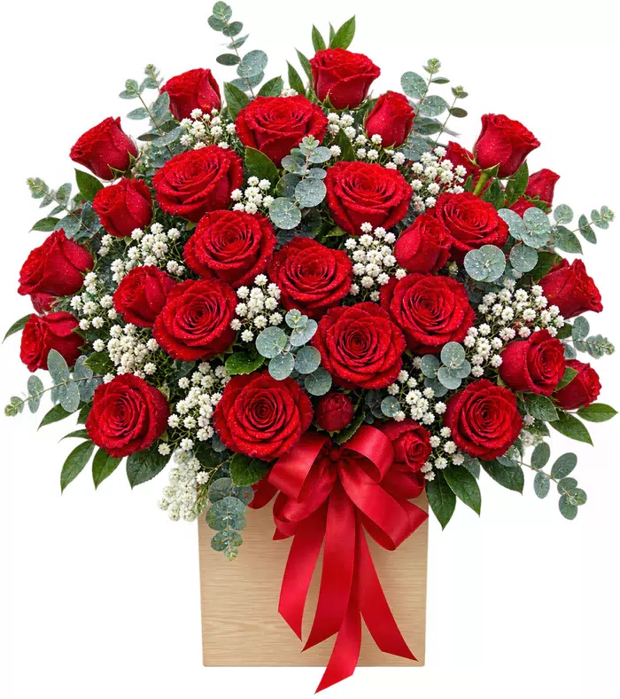 Giỏ hồng đỏ phối lá bạc, nơ đỏ