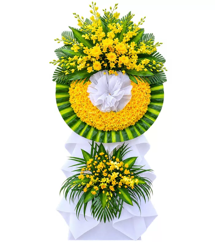Kệ hoa viếng vàng, lá xanh và vải trắng