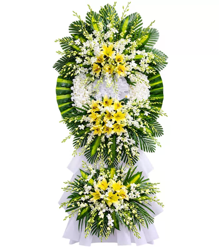 Kệ hoa viếng vàng trắng, hoa rủ và vải trắng