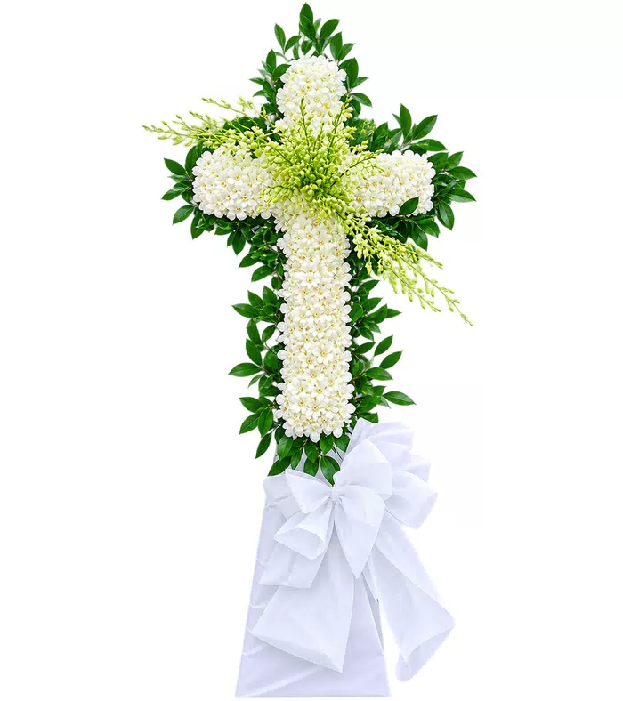 Kệ hoa viếng chữ thập trắng xanh