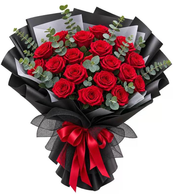 Bó hồng đỏ, giấy đen, nơ lưới và ruy băng đỏ