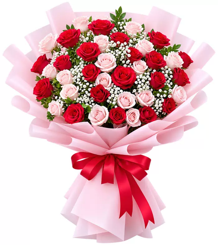 Bó hồng đỏ xen hồng phấn