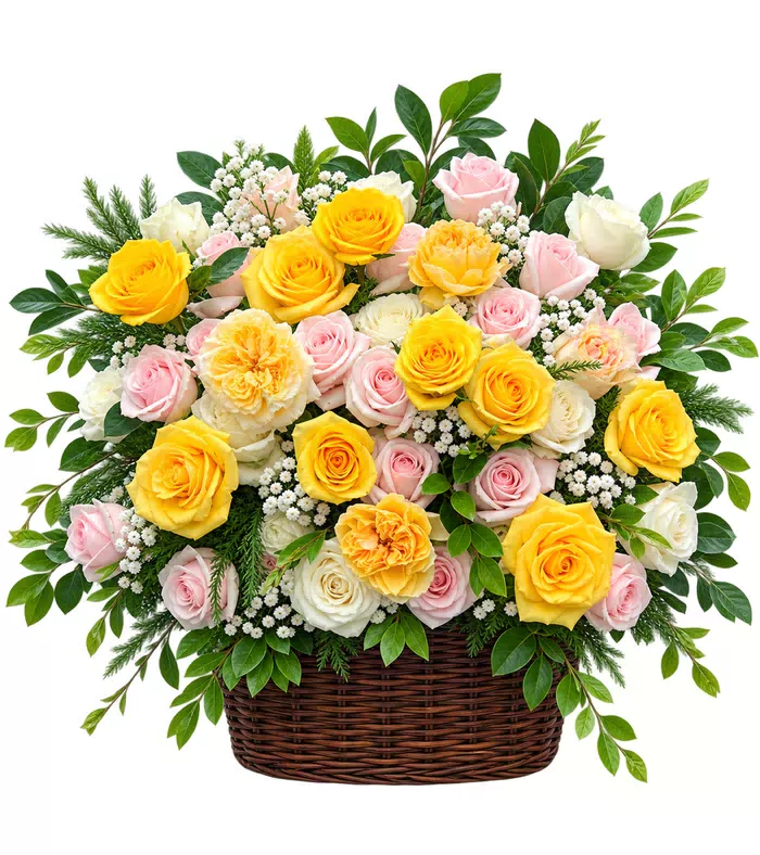Giỏ hồng vàng hồng phấn, baby trắng và lá xanh