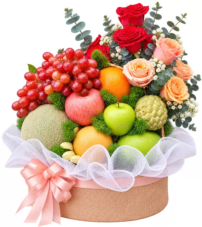 Giỏ trái cây hoa hồng, dưa và nơ hồng