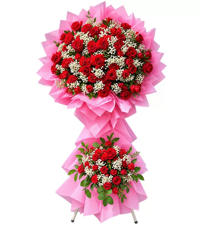 Kệ khai trương hồng đỏ hai tầng, giấy hồng xếp lớp