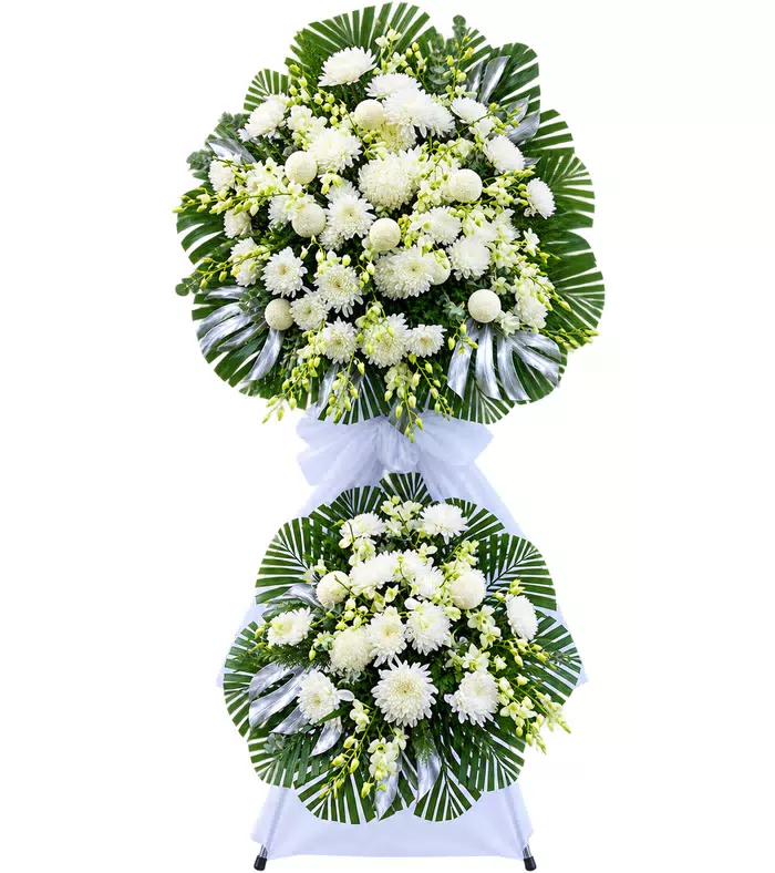 Kệ hoa viếng cúc trắng, lá lớn bạc và vải trắng