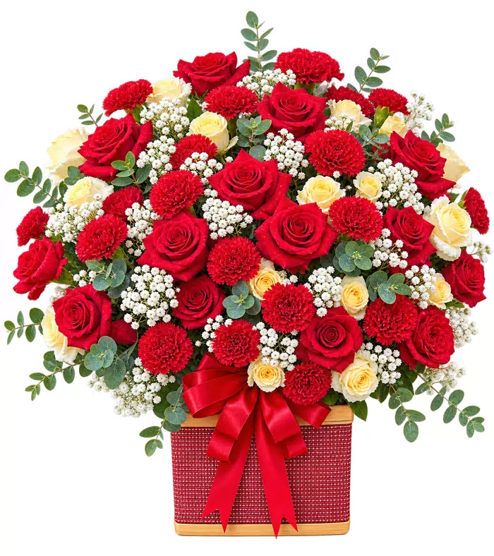 Giỏ hồng đỏ phối cẩm chướng