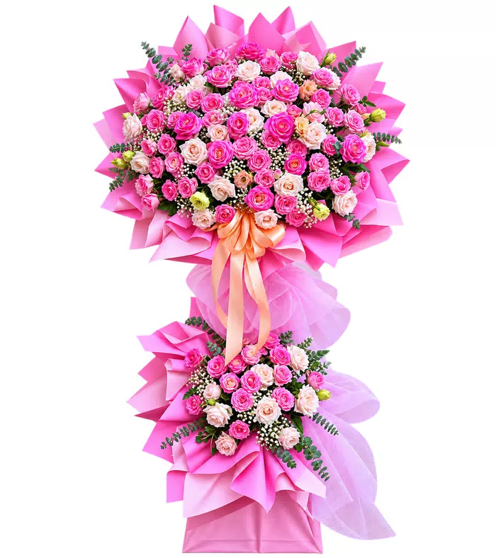 Kệ khai trương hồng phấn hai tầng, giấy xếp hồng và nơ hồng