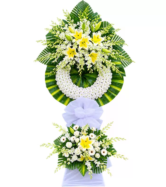 Kệ hoa viếng ly vàng trắng, vòng viếng tròn