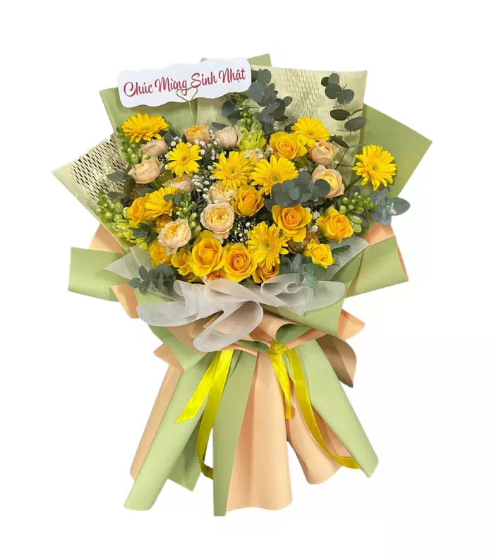 Bó hồng vàng phối cúc