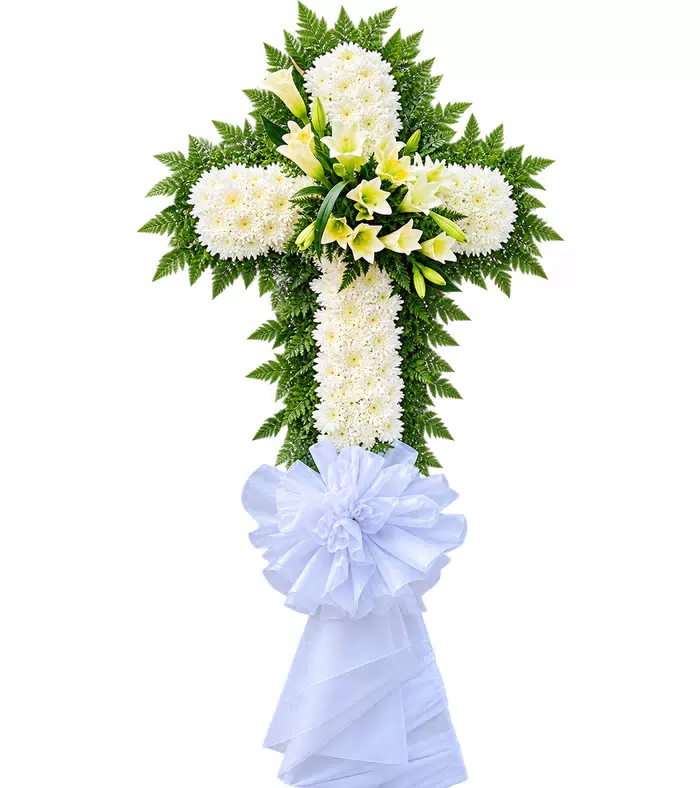 Kệ hoa viếng chữ thập ly trắng