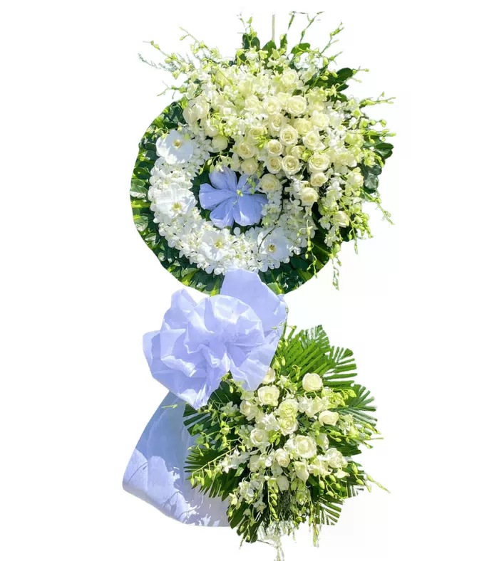 Kệ hoa viếng trắng xanh, hoa hồng trắng