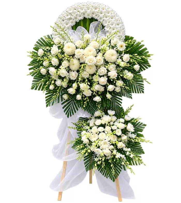 Kệ hoa viếng trắng xanh, nơ và vải trắng