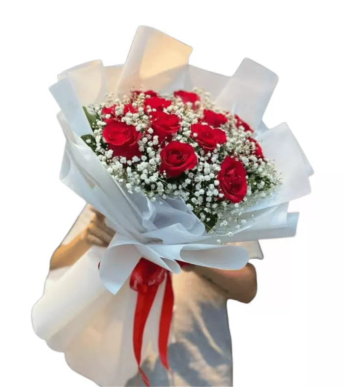 Bó hồng đỏ điểm baby trắng, nơ đỏ