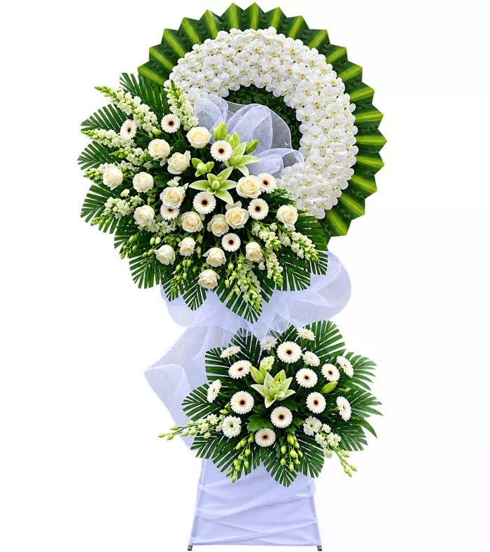 Kệ hoa viếng trắng xanh, vòng tròn phía trên