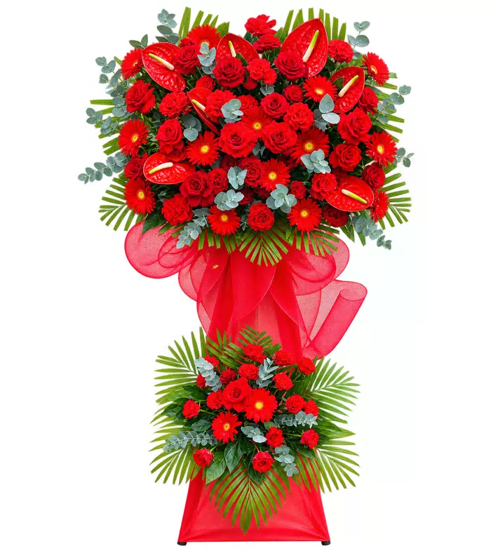Kệ khai trương đỏ hai tầng, hồng môn và nơ đỏ
