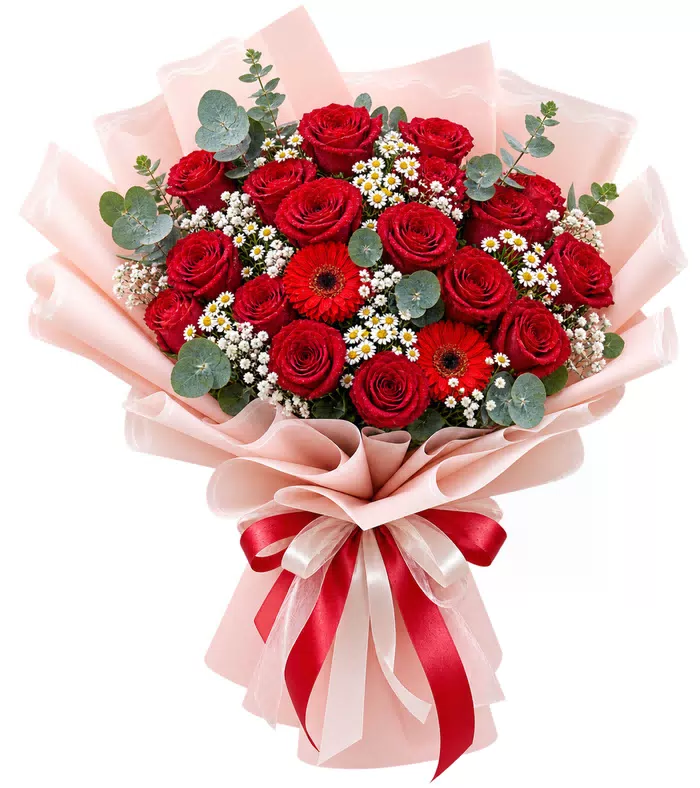 Bó hồng đỏ phối đồng tiền