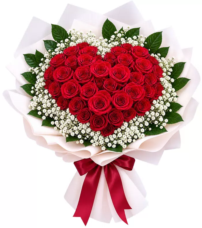 Bó hồng trái tim gói trắng, nơ đỏ sẫm