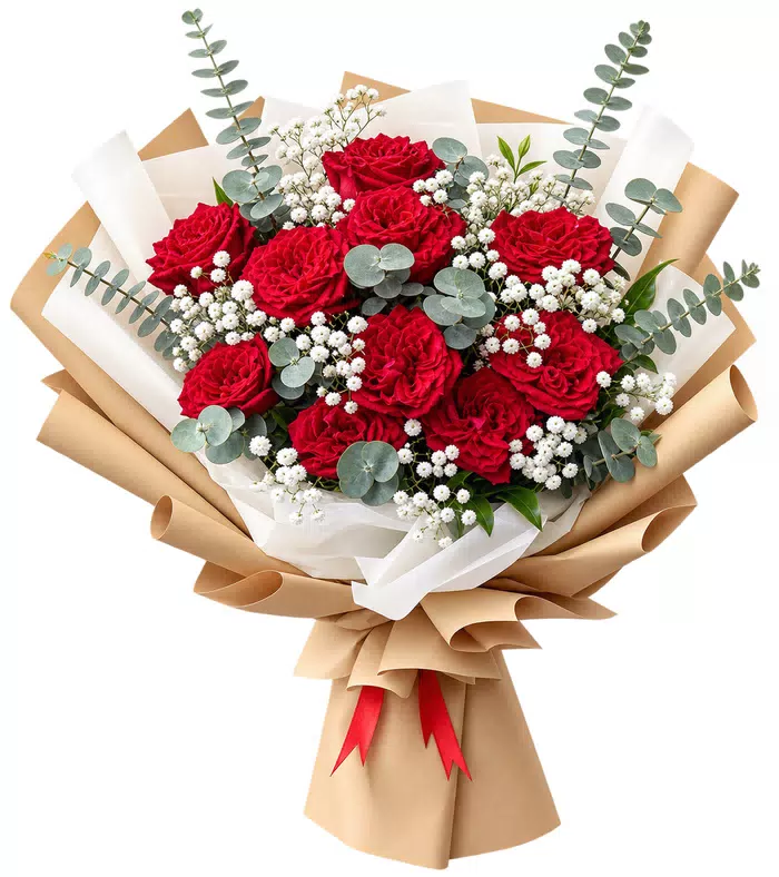 Bó hồng đỏ, giấy kem, nơ đỏ