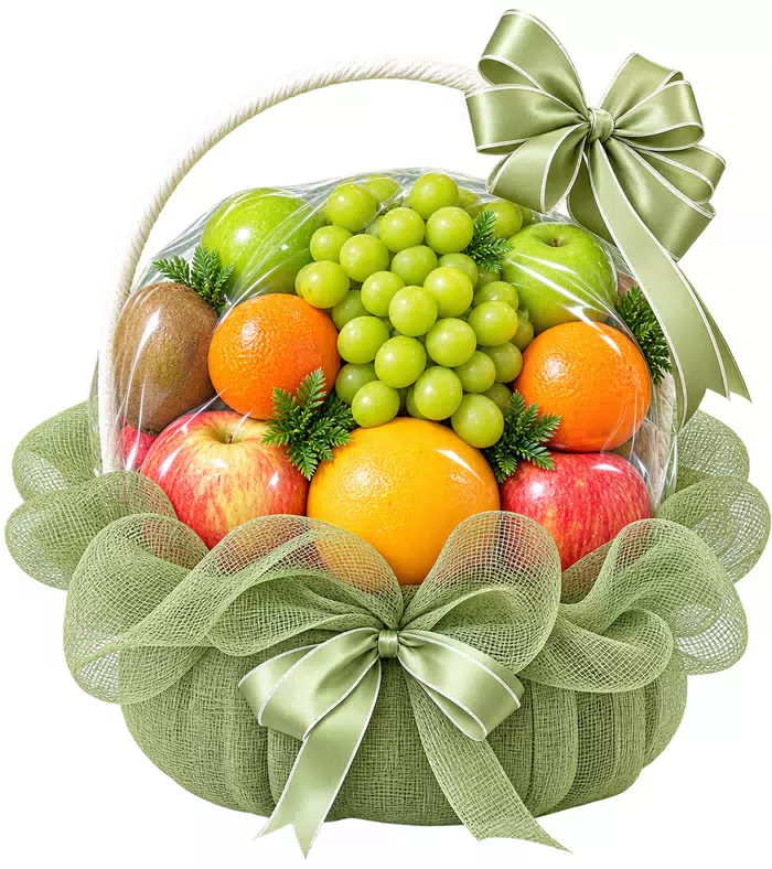 Giỏ trái cây lưới xanh, quả có múi và nơ xanh