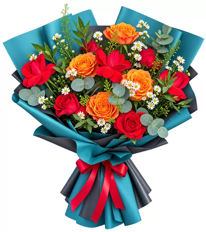 Bó hồng cam đỏ gói xanh