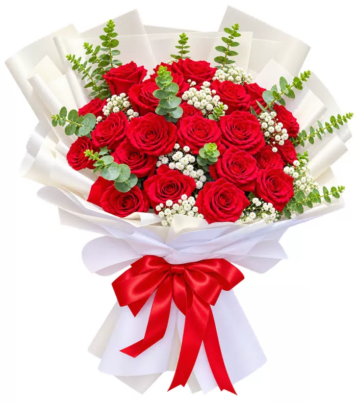 Bó hồng đỏ phối lá xanh, nơ đỏ