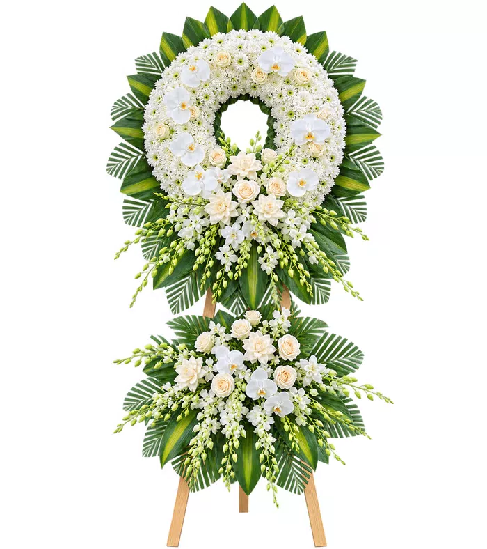 Kệ hoa viếng trắng xanh, lá xanh và chân gỗ