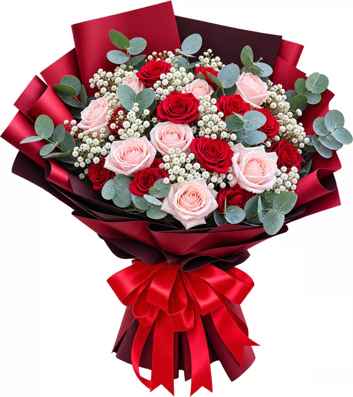 Bó hồng đỏ phấn gói đỏ