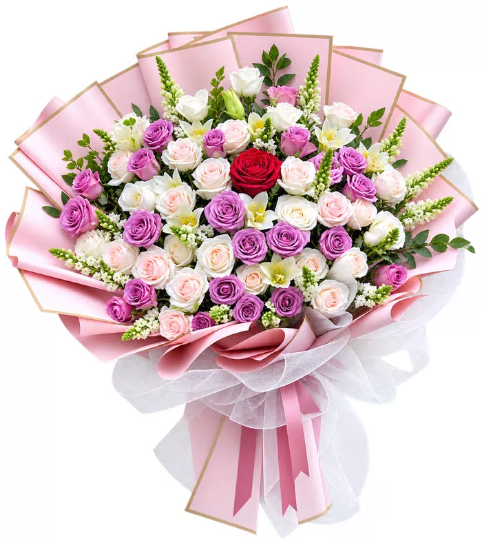 Bó hồng nhiều màu gói hồng