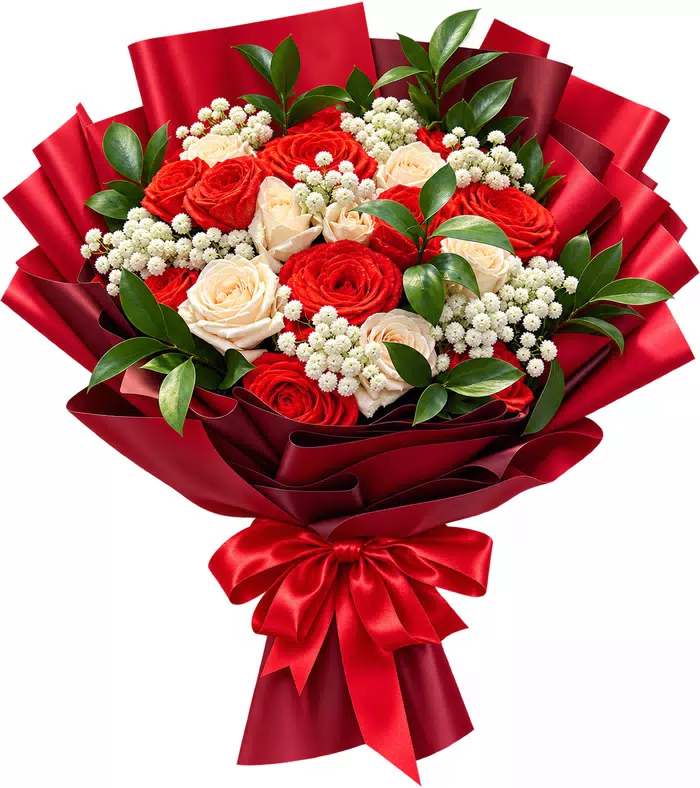 Bó hồng đỏ kem, giấy đỏ