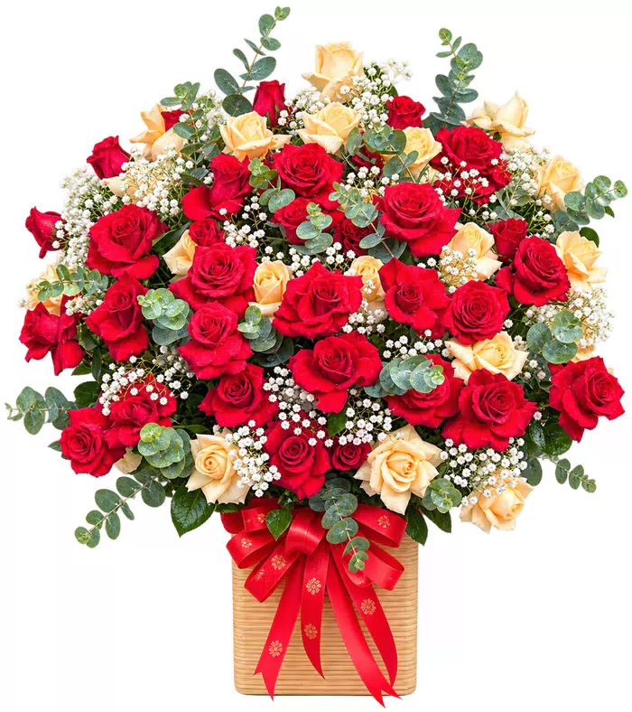 Giỏ hồng đỏ kem, nơ đỏ