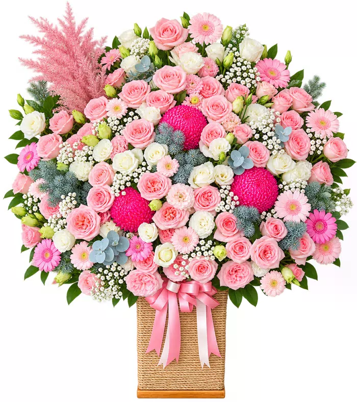 Giỏ hoa pastel phối cúc hồng