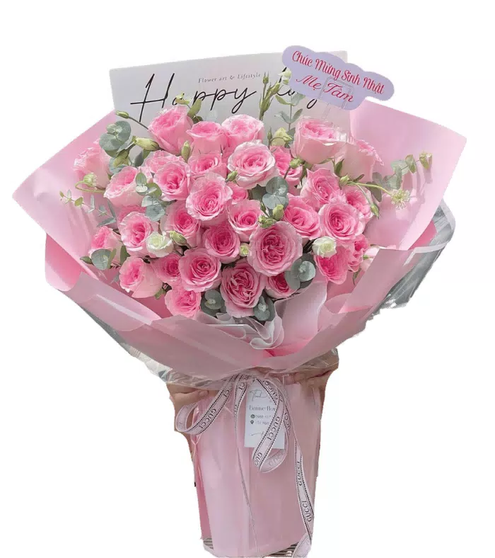 Bó hồng nhiều sắc hồng, giấy hồng pastel nhiều lớp