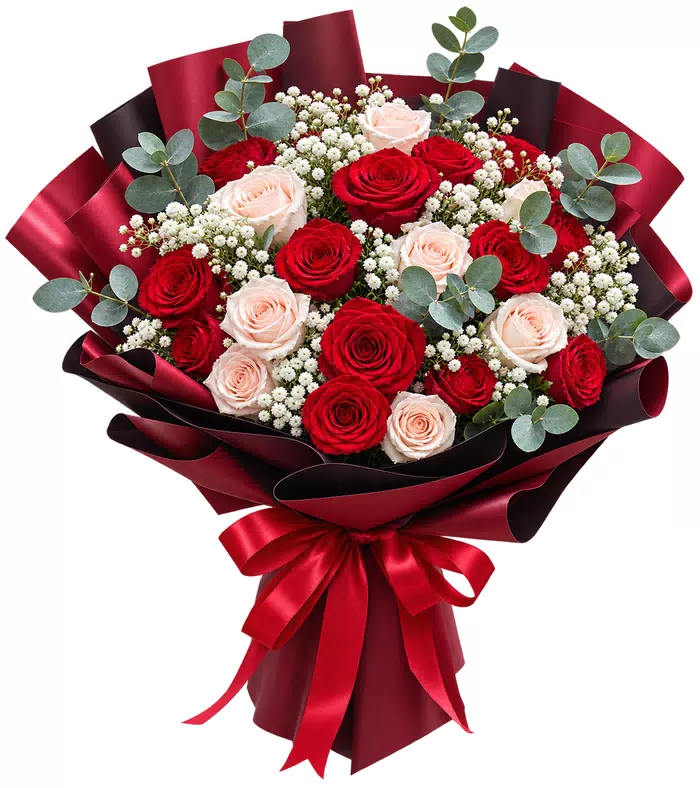 Bó hồng đỏ kem, giấy đỏ sẫm