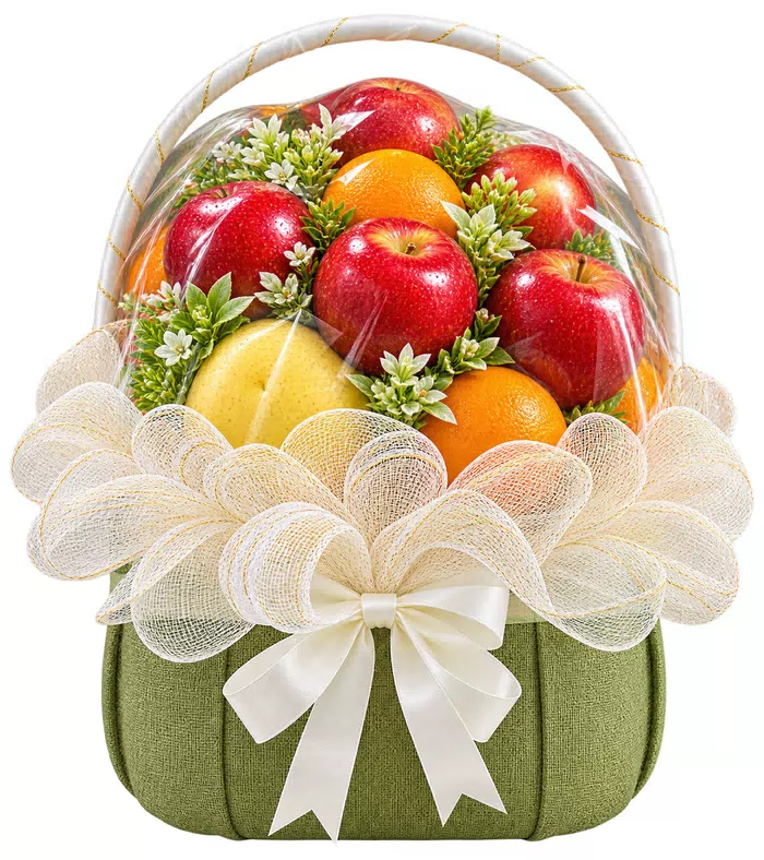 Giỏ trái cây nơ trắng, quả sáng màu và lưới kem