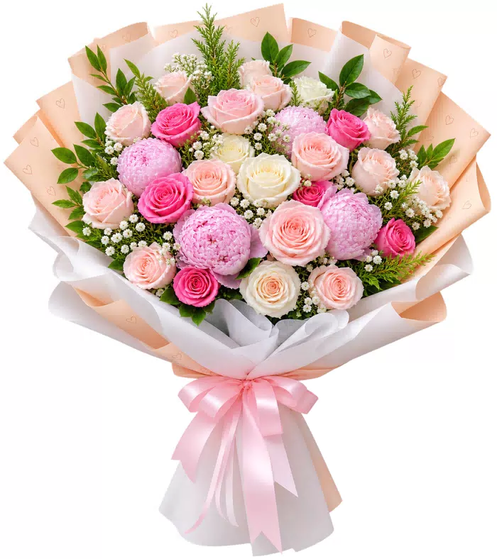 Bó hồng phấn phối cẩm chướng, giấy cam nhạt