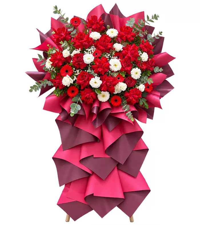 Kệ khai trương hồng đỏ điểm hoa trắng